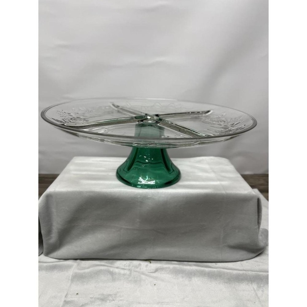 Vintage Green Pedestal Glass Chip and Dip Platter Divided Serving Tray 12.5"